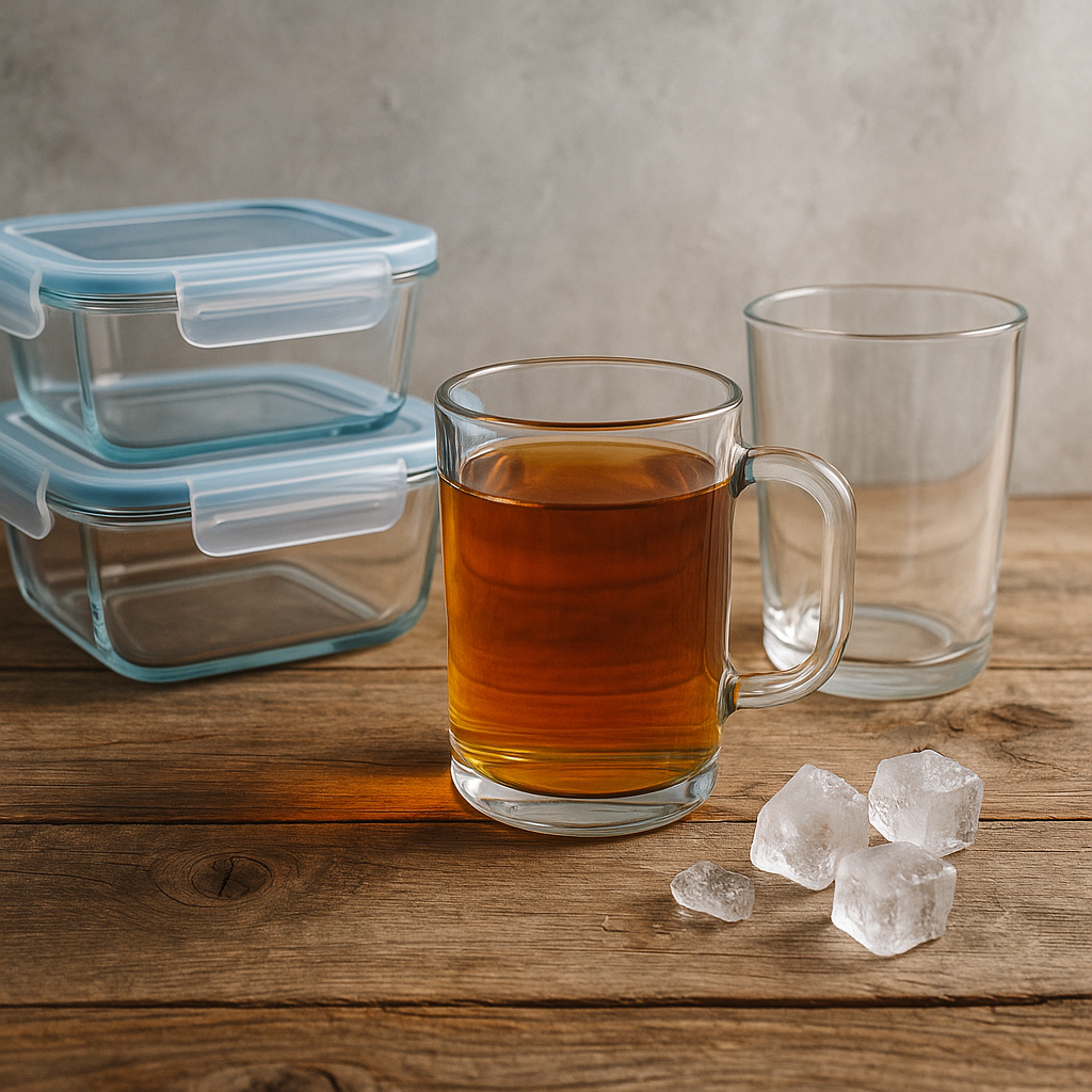 Three friends enjoying drinks and conversation in a rustic kitchen, with glass food containers and glassware on a wooden table, highlighting a casual lifestyle scene.