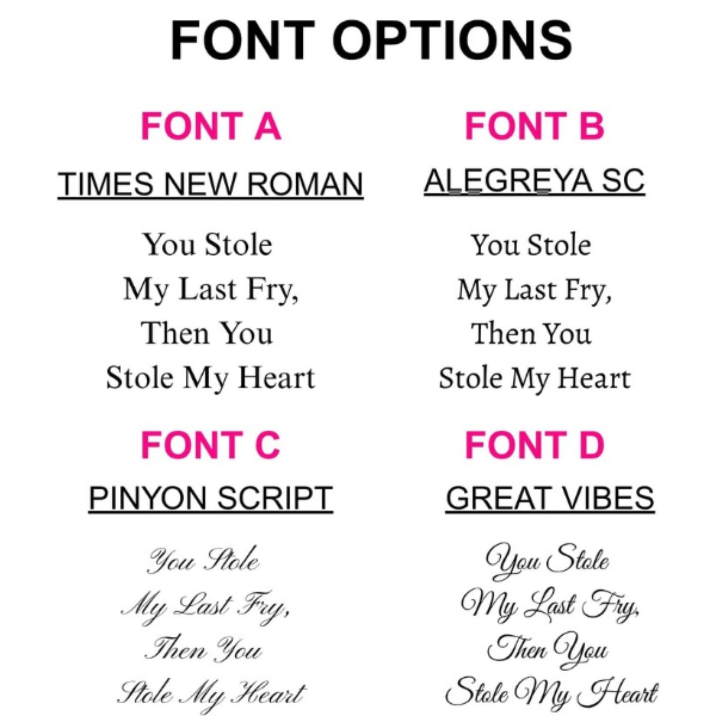 Comparison of four different fonts with sample text on a white background