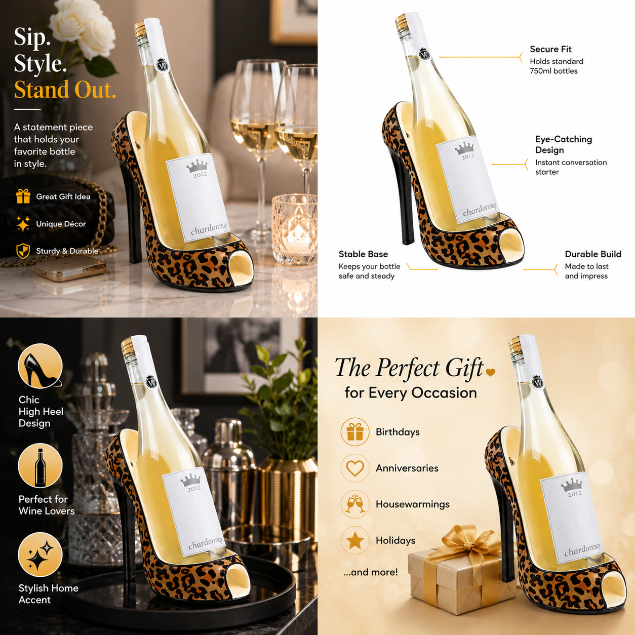 A collage showing a novelty wine bottle holder shaped like a high-heeled shoe in leopard print, displayed in a home and studio setting with callout text describing features and gift-use benefits.