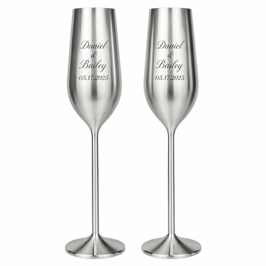 Set of 2 personalized silver champagne flutes with names on them