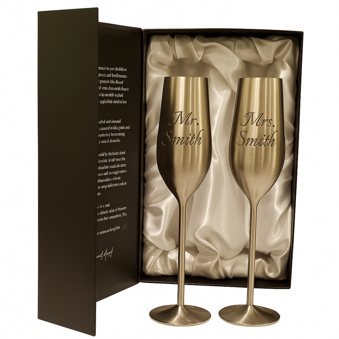 Two silver champagne flutes with 'Mr. Smith' and 'Mrs. Smith' engraving in a decorative box.