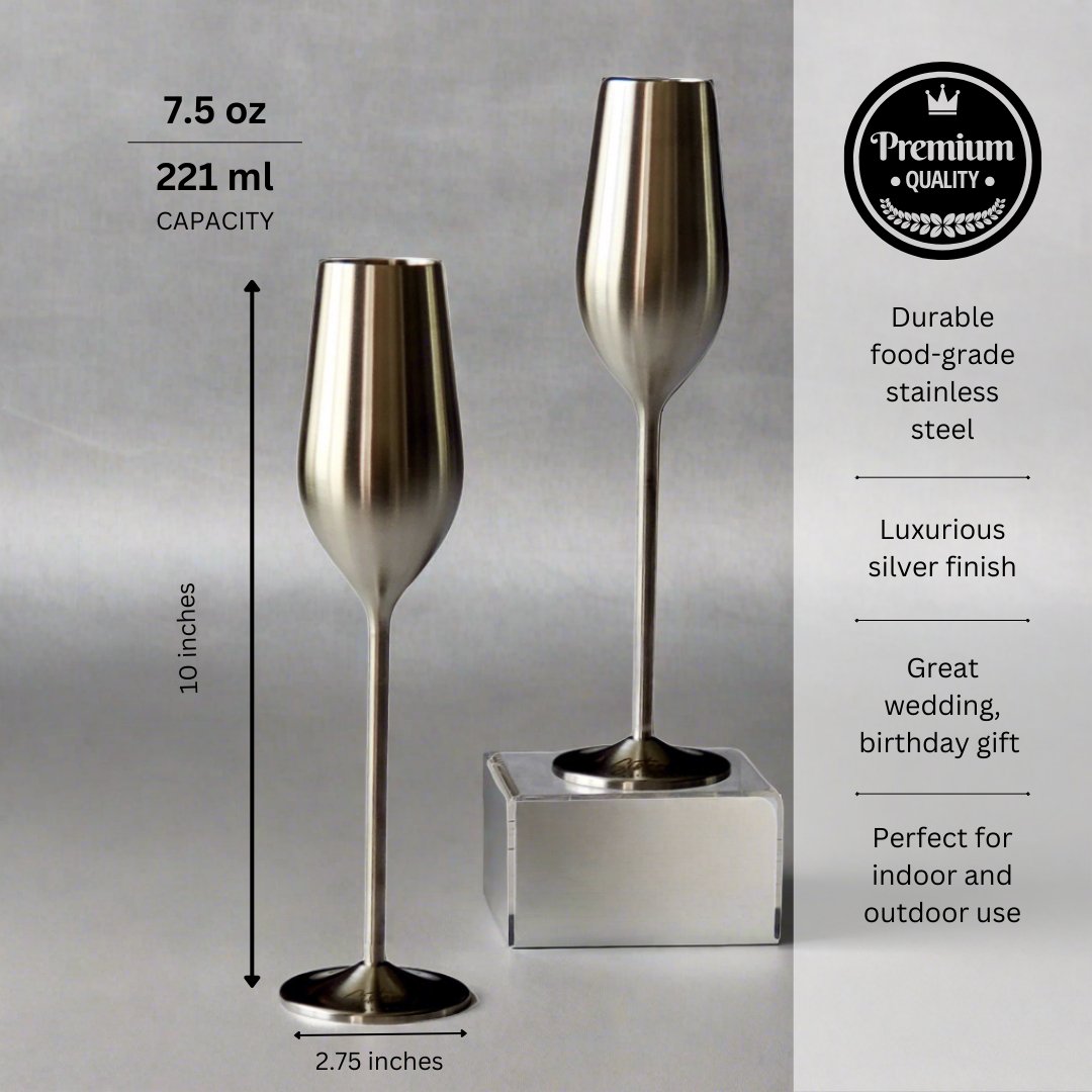 Silver Unbreakable Stainless Steel Champagne Flutes, Set of 2 - Sister.ly Drinkware