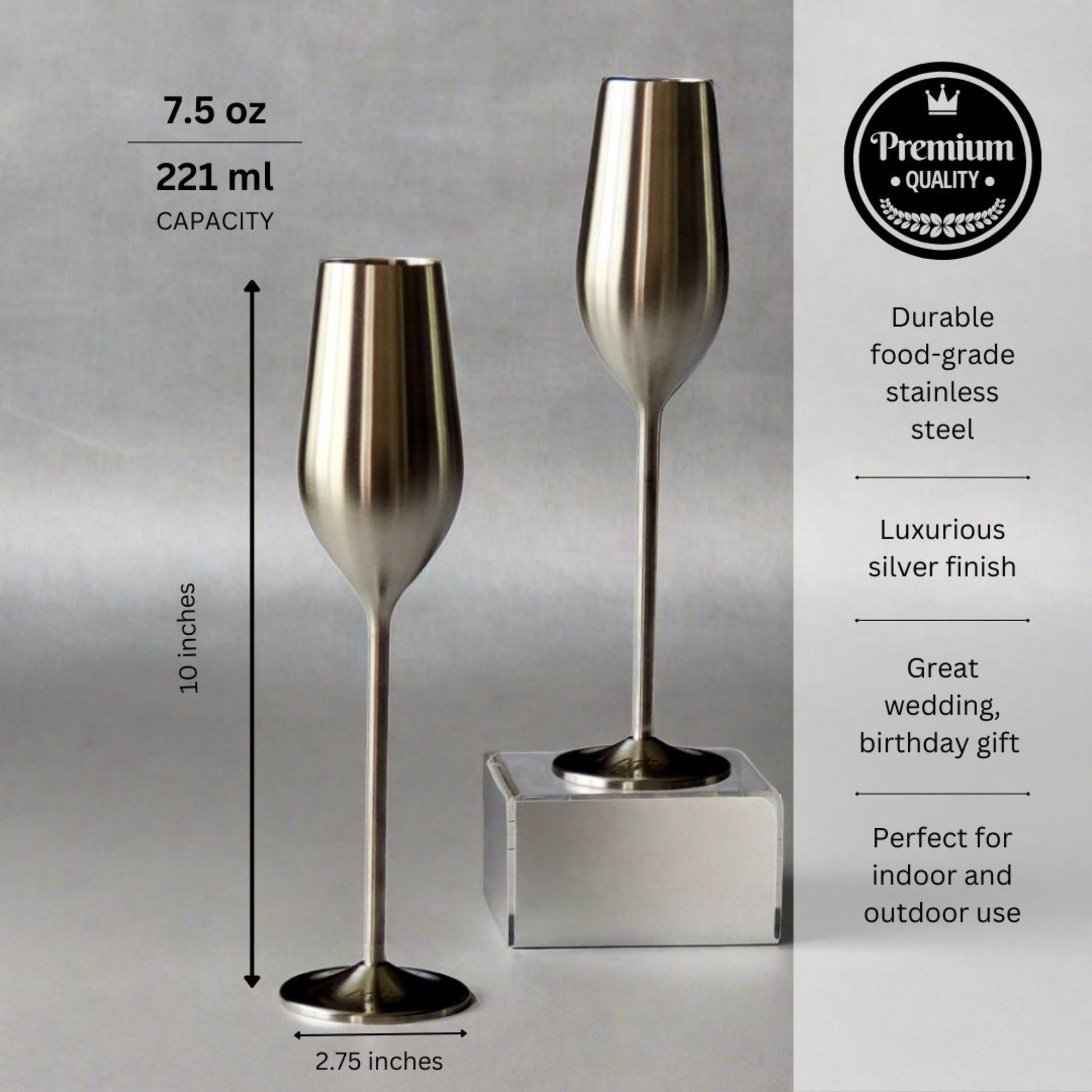 Two silver champagne flutes with specifications and quality details on a gray background