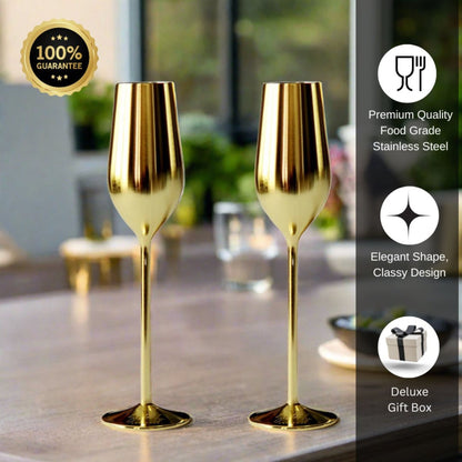 Two gold champagne flutes on a table with product features displayed.