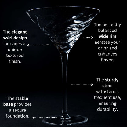 Cocktail glass with text describing its features on a black background
