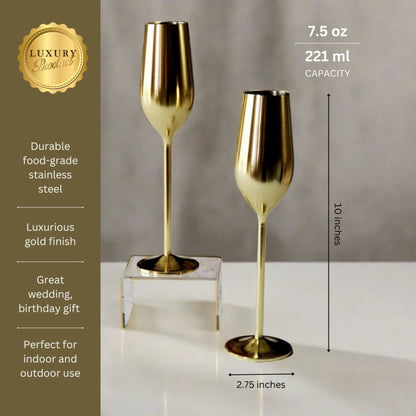 Gold champagne flutes with specifications on a neutral background