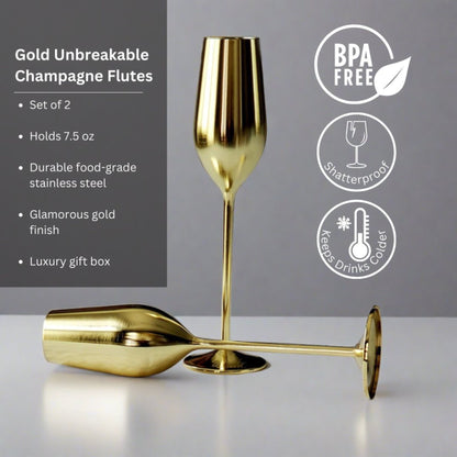 Gold unbreakable champagne flutes with product details on a gray background