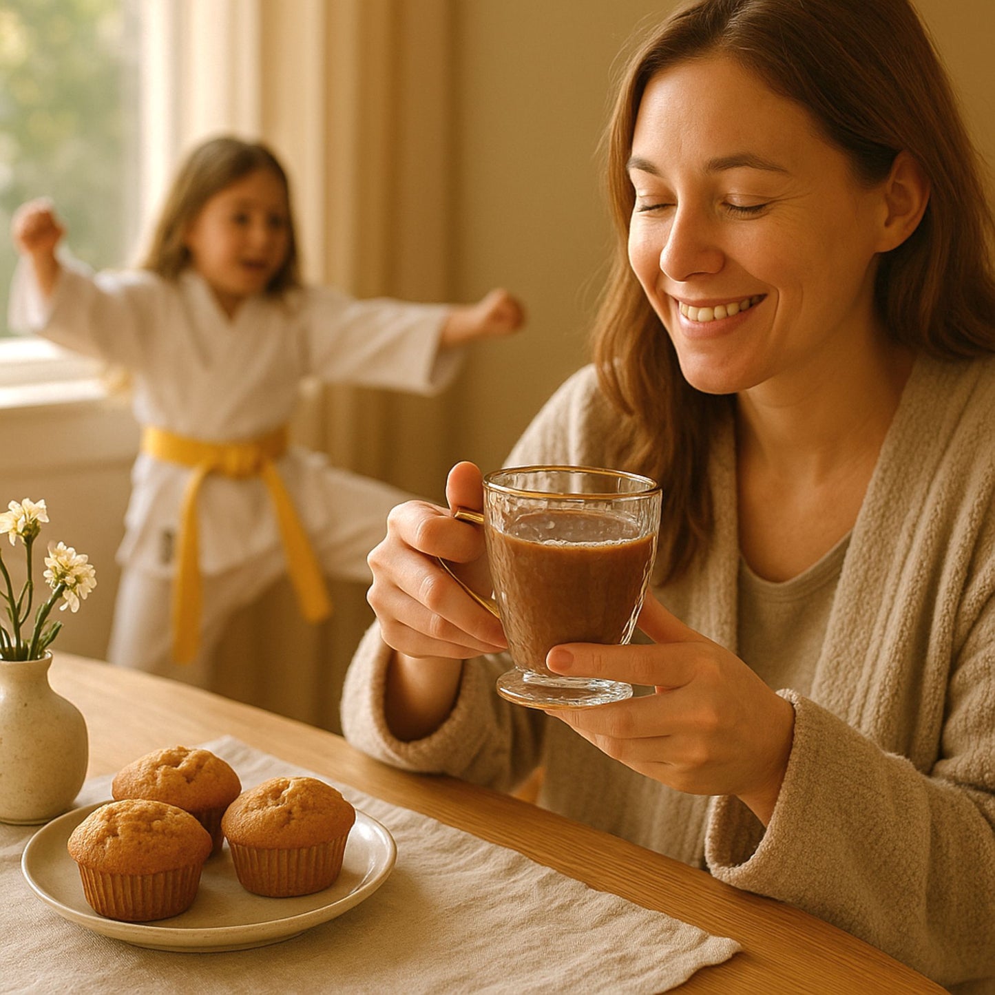 Woman holding a glass of chocolate milk with a child in the background