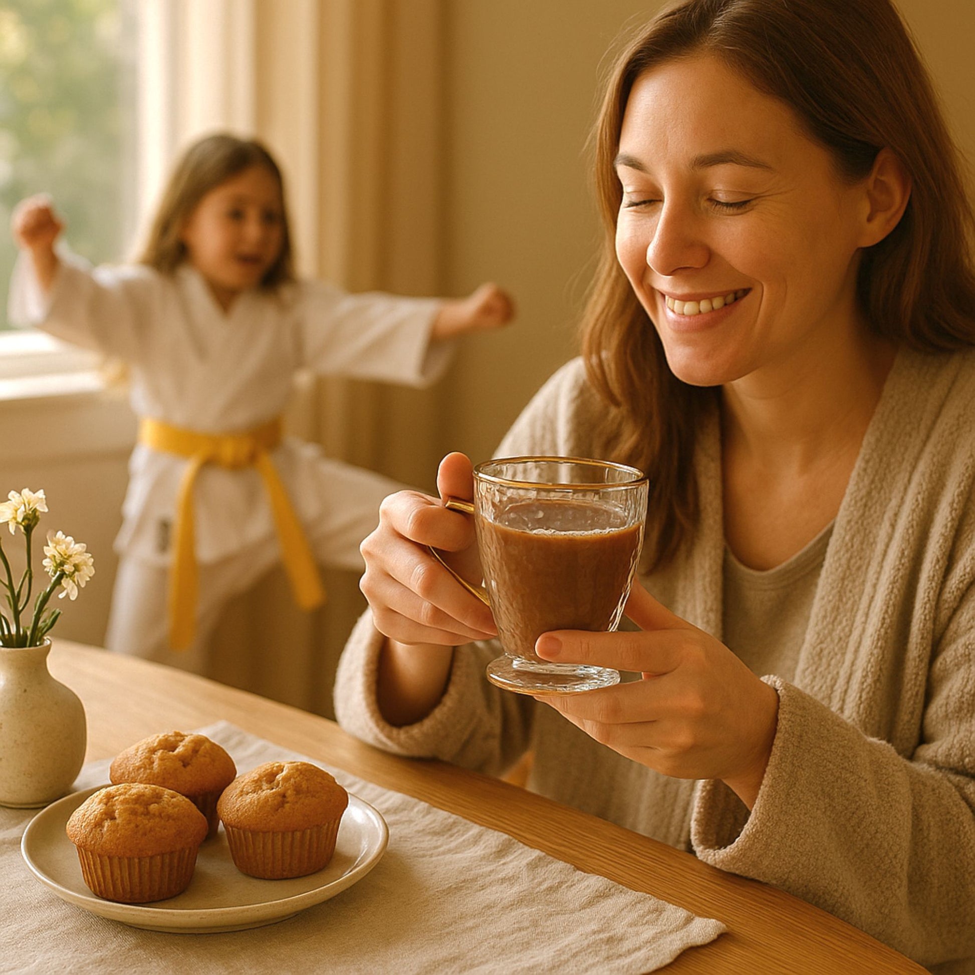 Woman holding a glass of chocolate milk with a child in the background