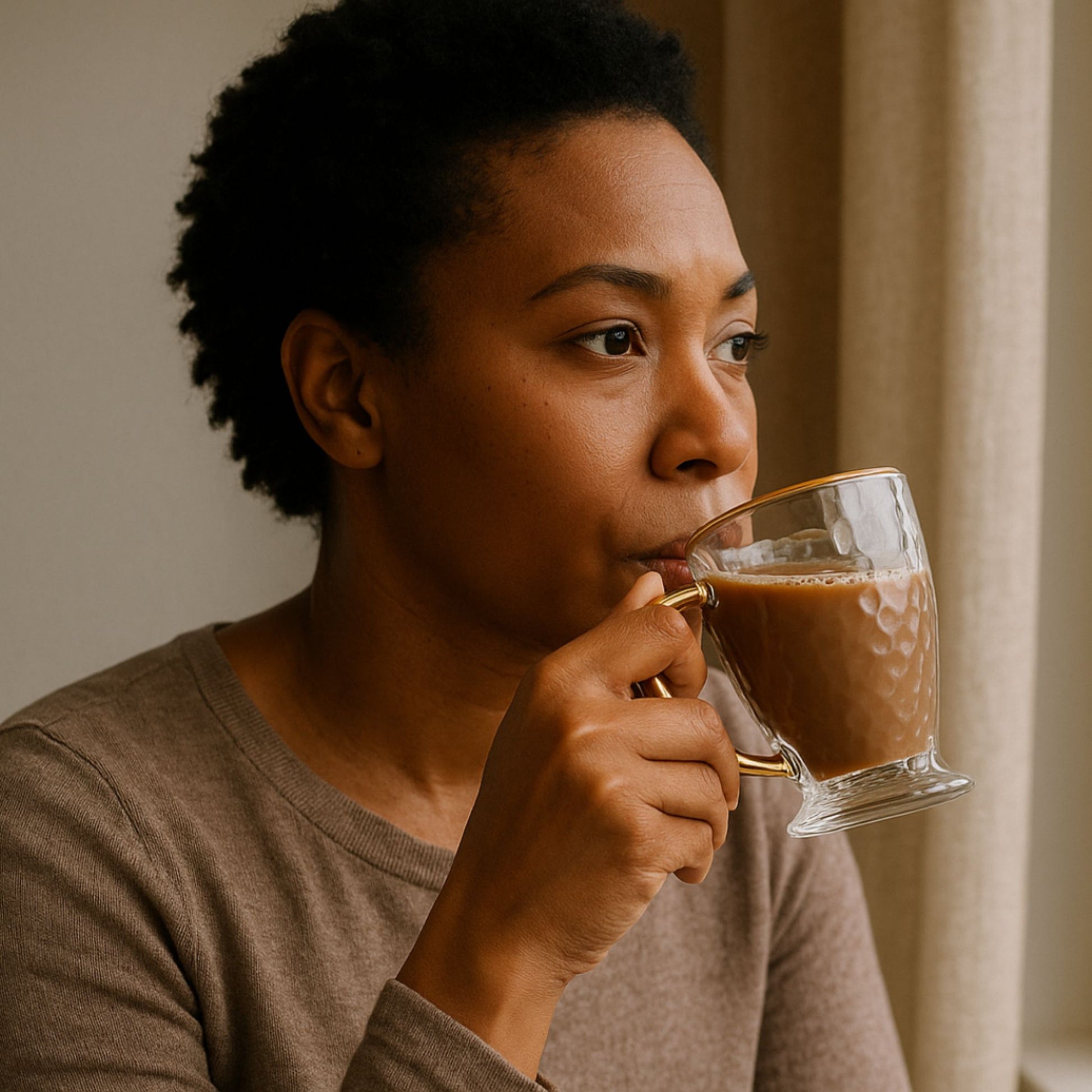 Person drinking from a glass mug with a warm beverage indoors.