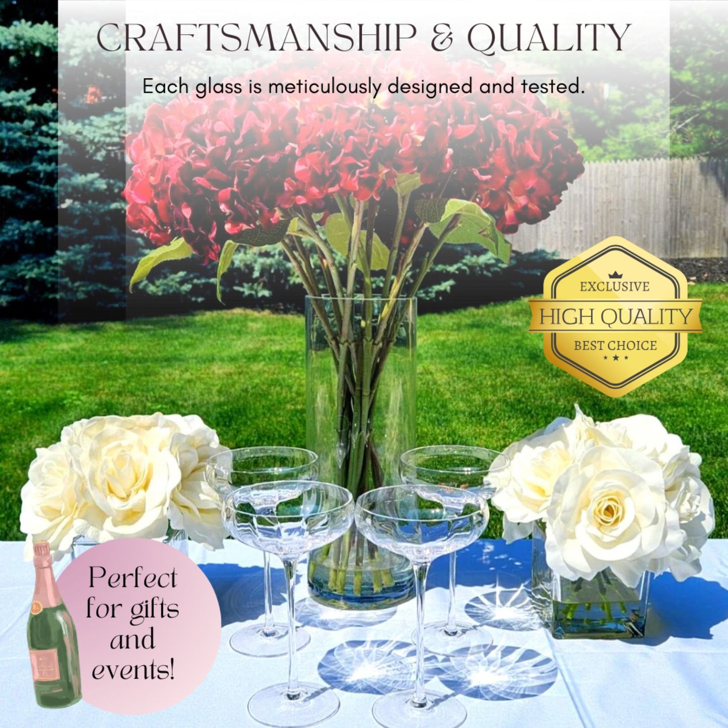 Glass vase with flowers and wine glasses on a table outdoors, with promotional text about craftsmanship and quality.