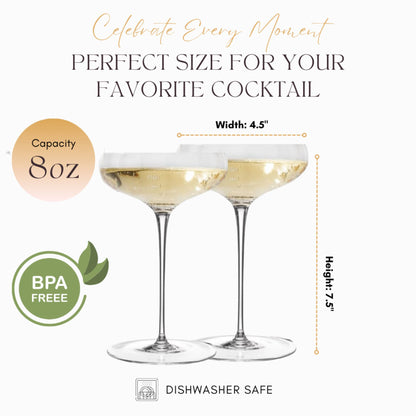 Two champagne glasses with product details on a white background