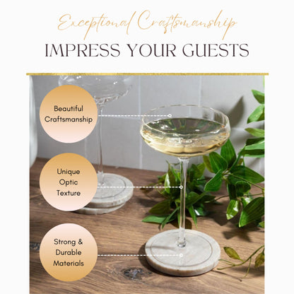 Glass of wine on a coaster with text highlighting exceptional craftsmanship, unique optic texture, and strong durable materials.