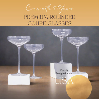 Set of four premium rounded coupe glasses with a gold accent and text on a dark background.