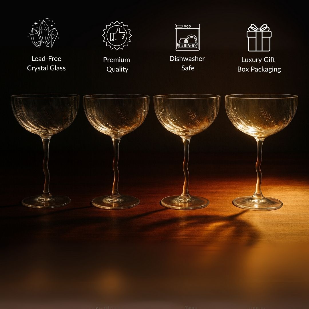 Four lead-free crystal glasses on a wooden surface with icons indicating features like premium quality, dishwasher safety, and luxury gift packaging.