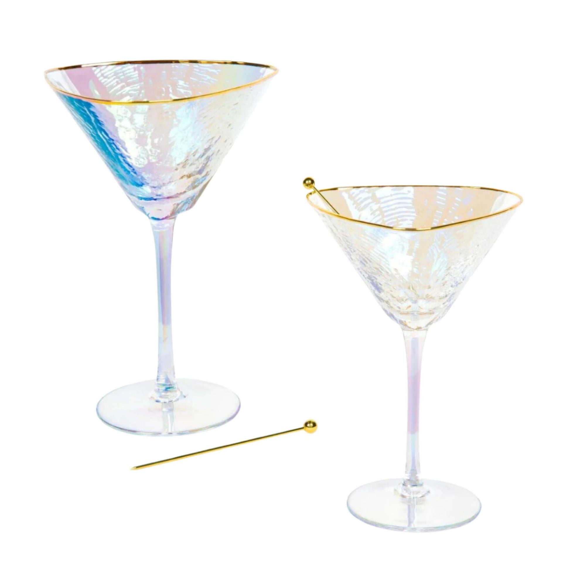 Two iridescent martini glasses with gold rims and a gold straw on a white background