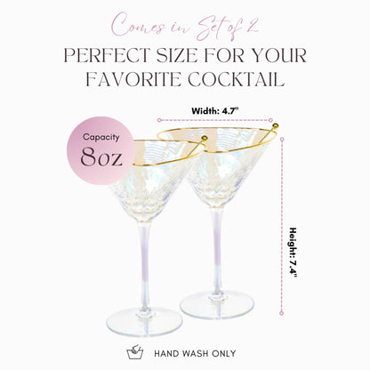 Two iridescent martini glasses with gold rims, labeled as perfect size for cocktails, on a white background.