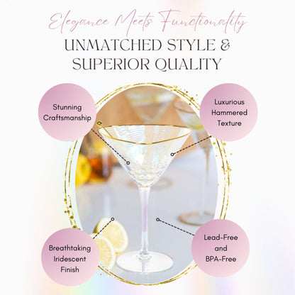 Iridescent martini glass with text highlighting features on a light background