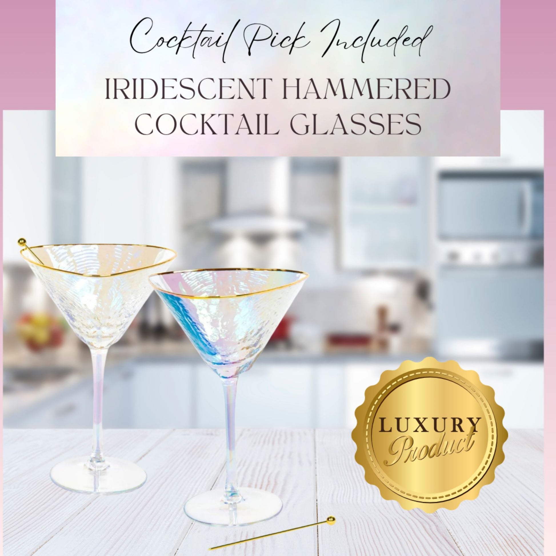 Iridescent hammered cocktail glasses with gold rim on a blurred kitchen background, featuring a 'Luxury Product' badge.