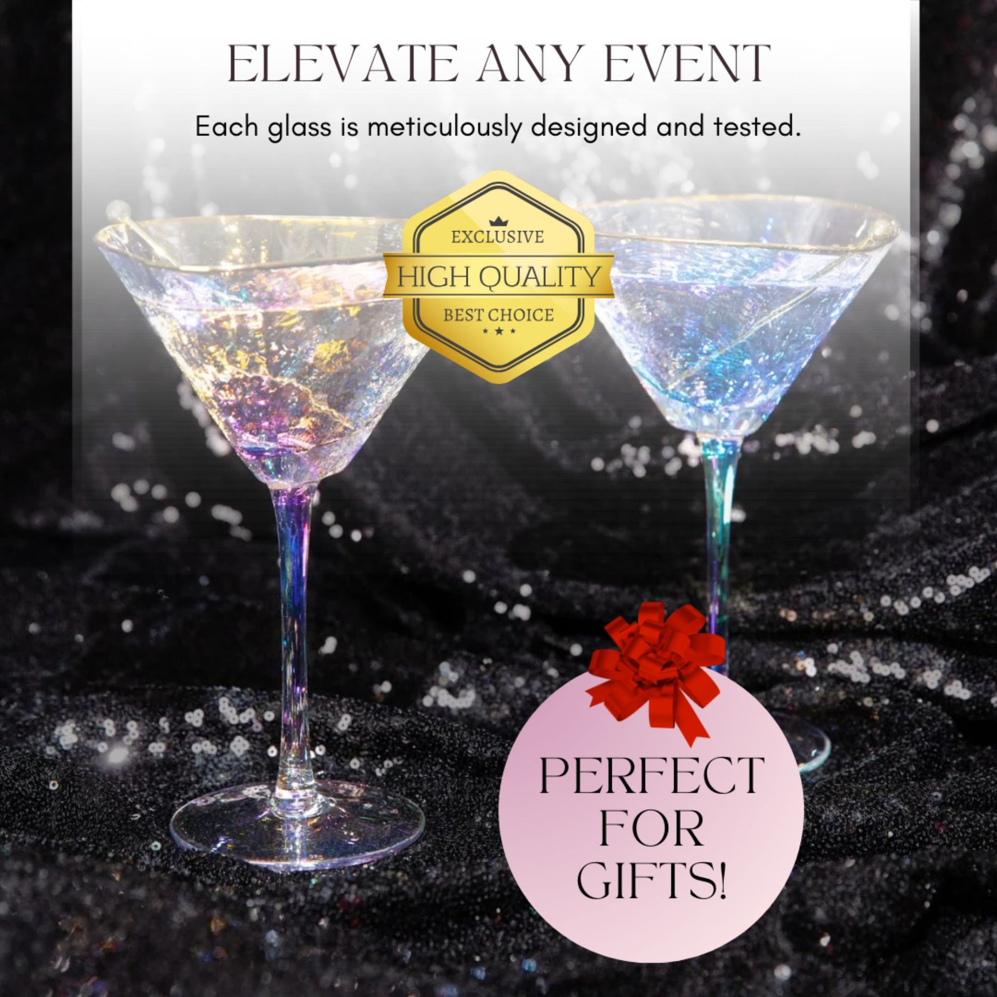 Two glittery cocktail glasses with a gold label and red bow on a black background.