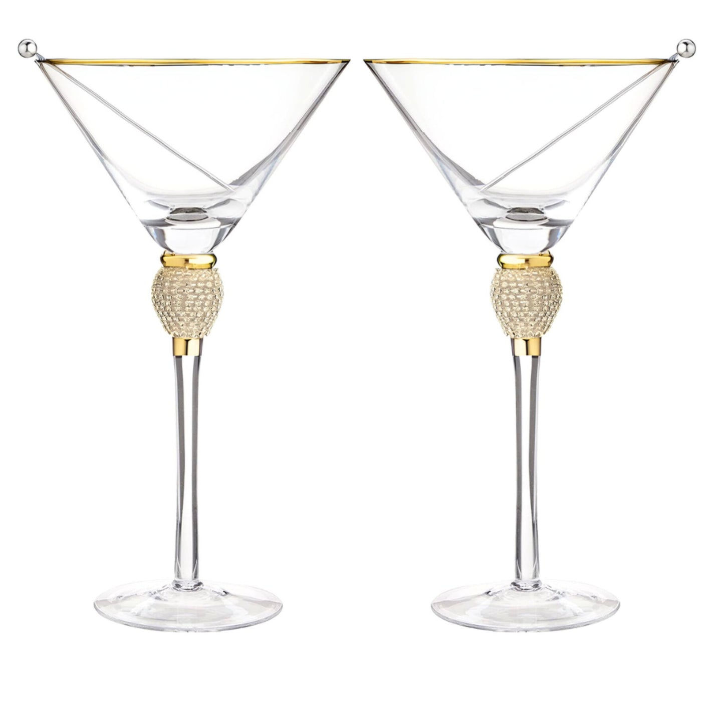 Two martini glasses with gold accents on a white background
