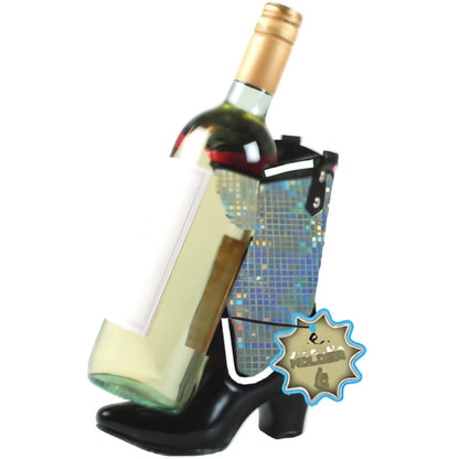 Wine bottle holder shaped like a black high heel shoe with a disco ball effect.