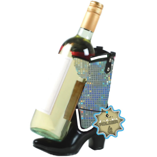 Wine bottle holder shaped like a black high heel shoe with a disco ball effect.