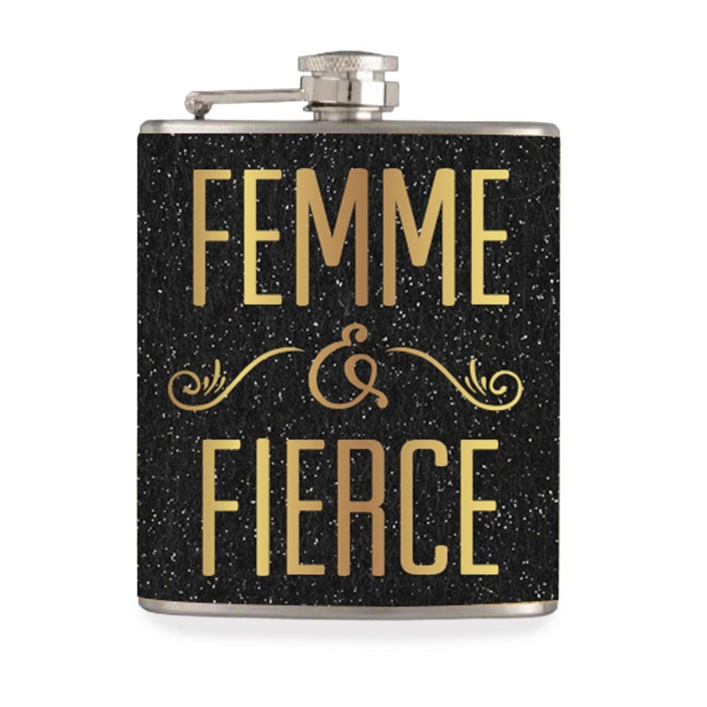 Black flask with gold text 'Femme & Fierce' on a white background