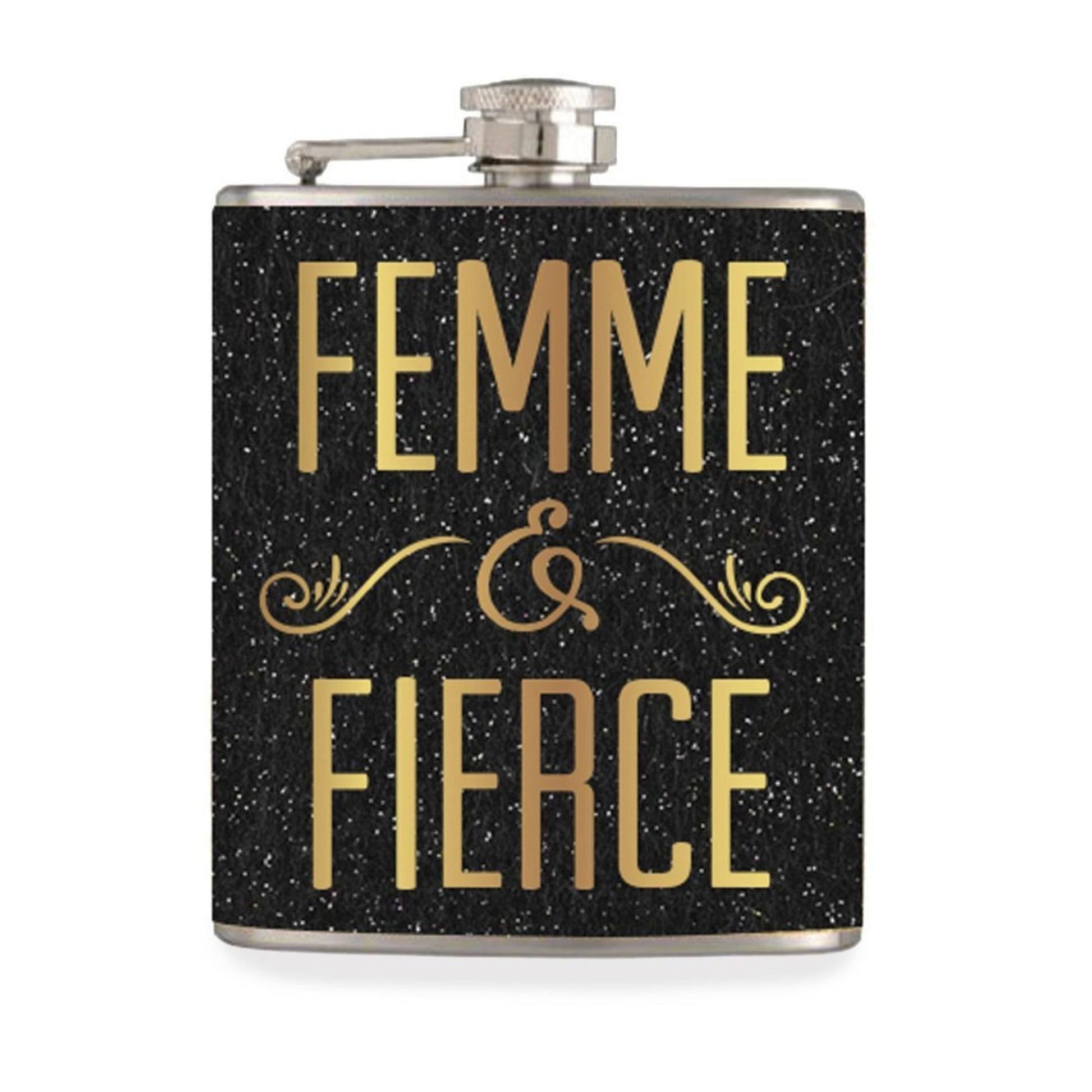 Black flask with gold text 'Femme & Fierce' on a white background