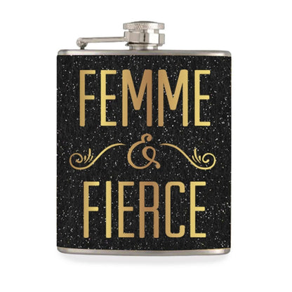 Black flask with gold text 'Femme & Fierce' on a white background