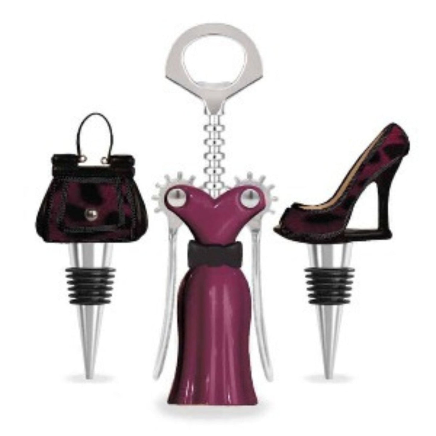 Set of three unique bottle stoppers shaped like a high heel, dress, and handbag on a white background.