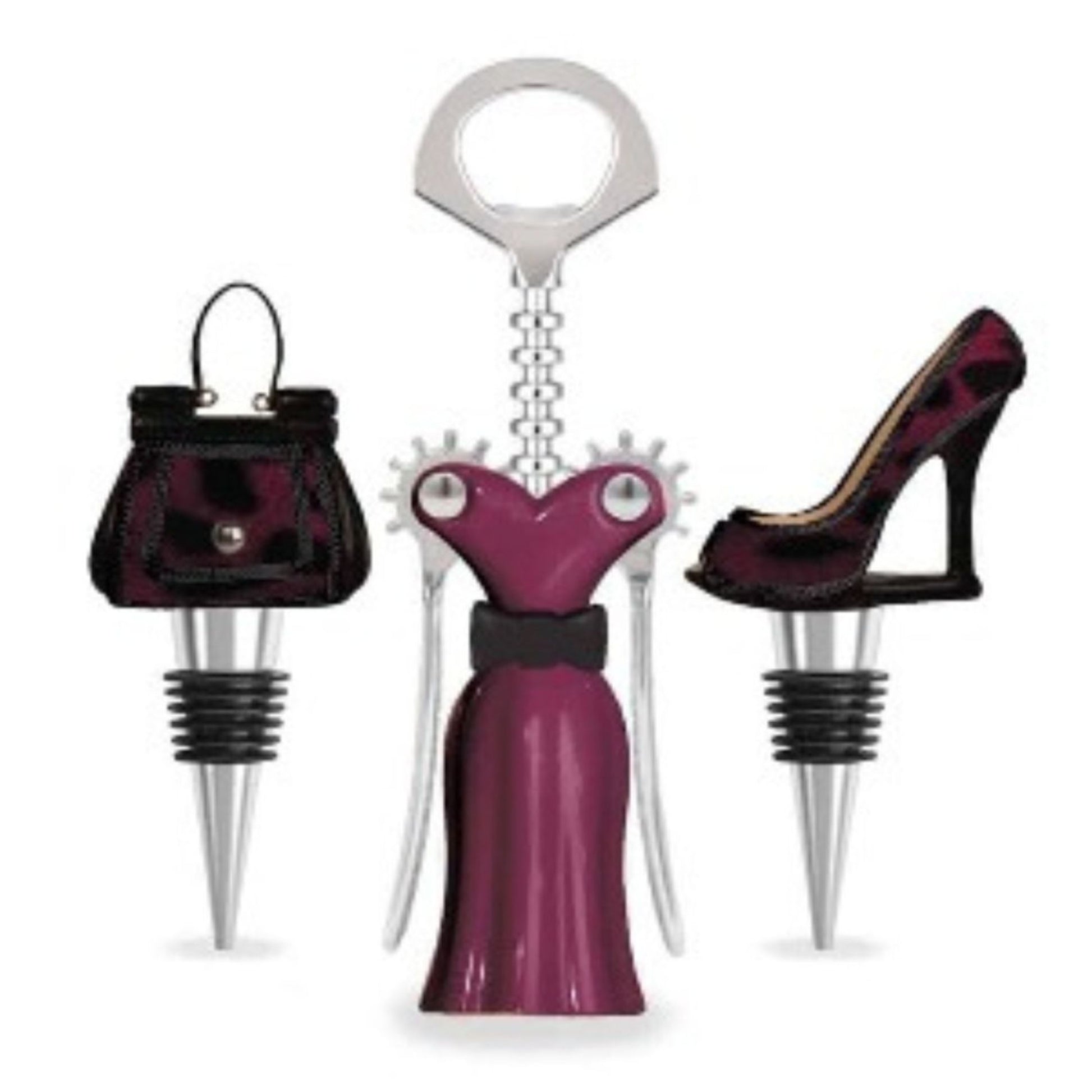 Set of three unique bottle stoppers shaped like a high heel, dress, and handbag on a white background.