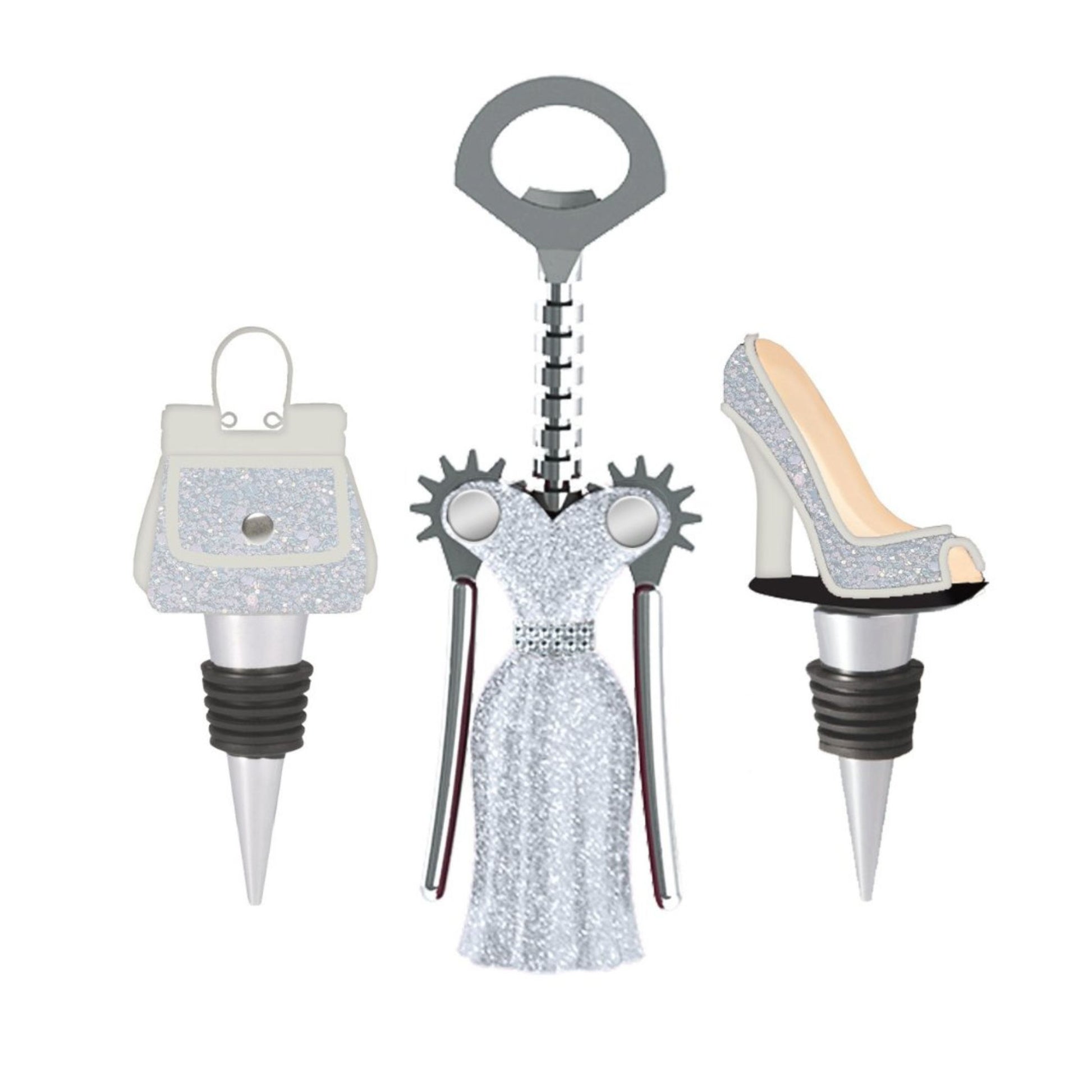 Set of three unique bottle stoppers shaped like a high heel, dress, and handbag on a white background.