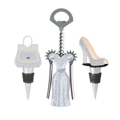 Set of three unique bottle stoppers shaped like a high heel, dress, and handbag on a white background.
