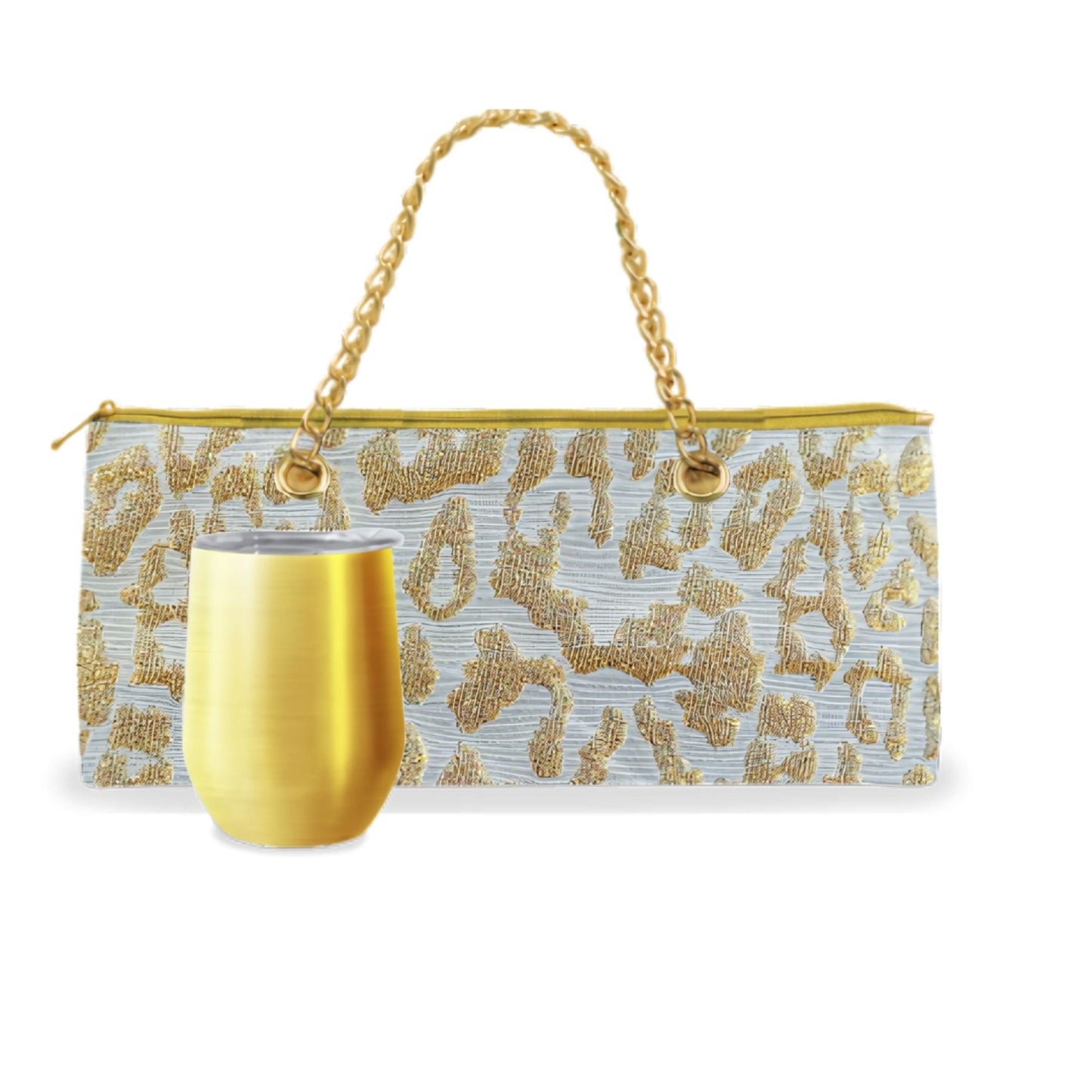 Gold clutch bag with floral pattern and matching gold cup on a white background