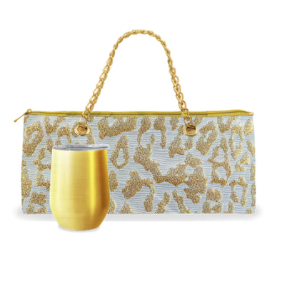 Gold clutch bag with floral pattern and matching gold cup on a white background
