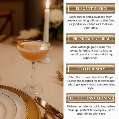 Cocktail glass on a table with text about the product's features.