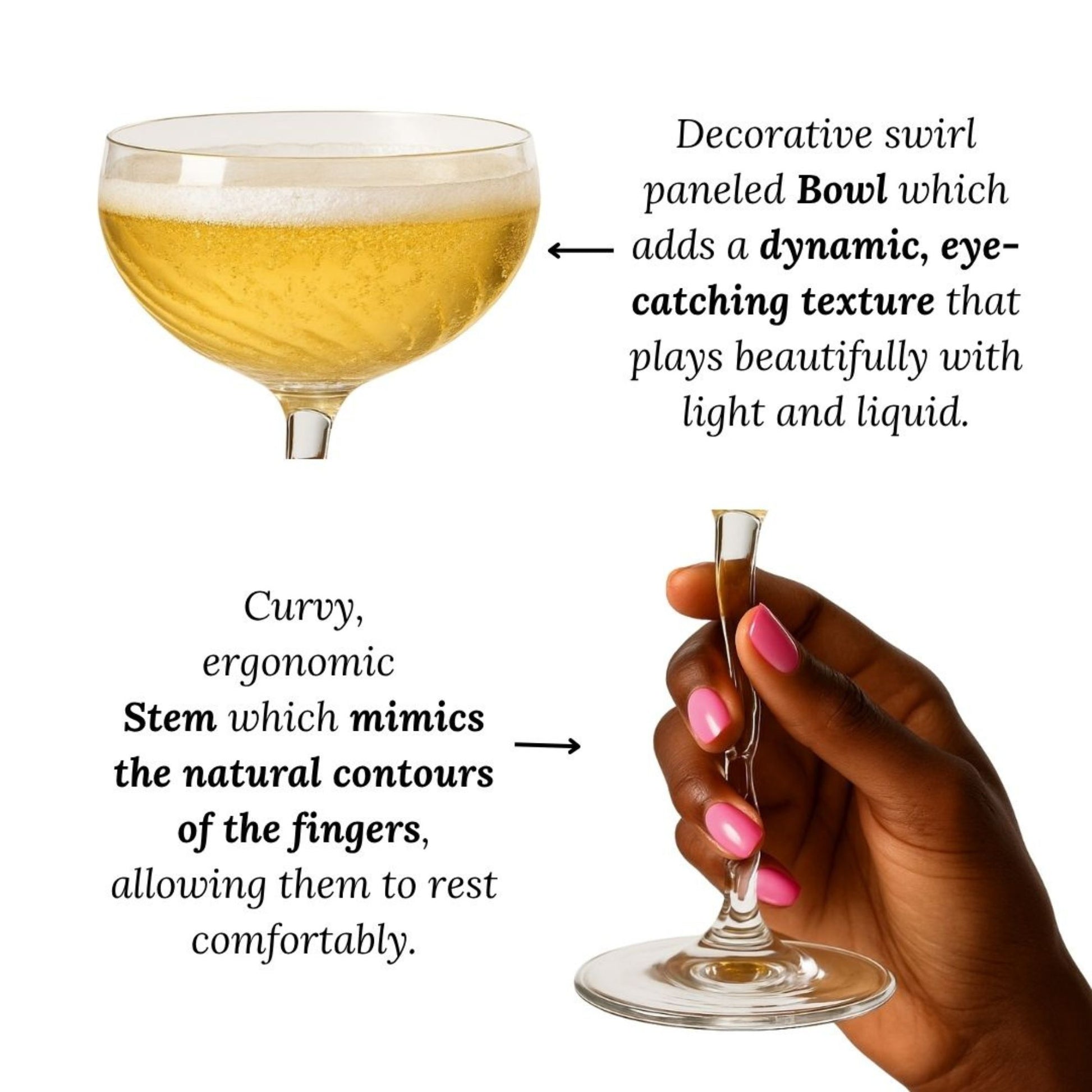 Cocktail glass with decorative swirl panelled bowl and curvy stem, held by a hand.