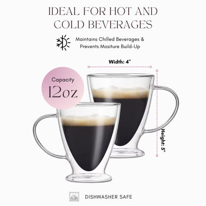 Two glass mugs with coffee, showing capacity, dimensions, and features on a white background.