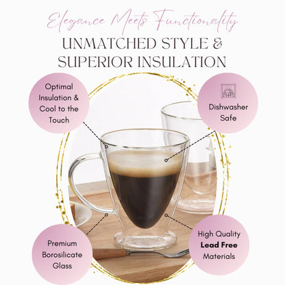 Glass coffee cup with features highlighted on a white background