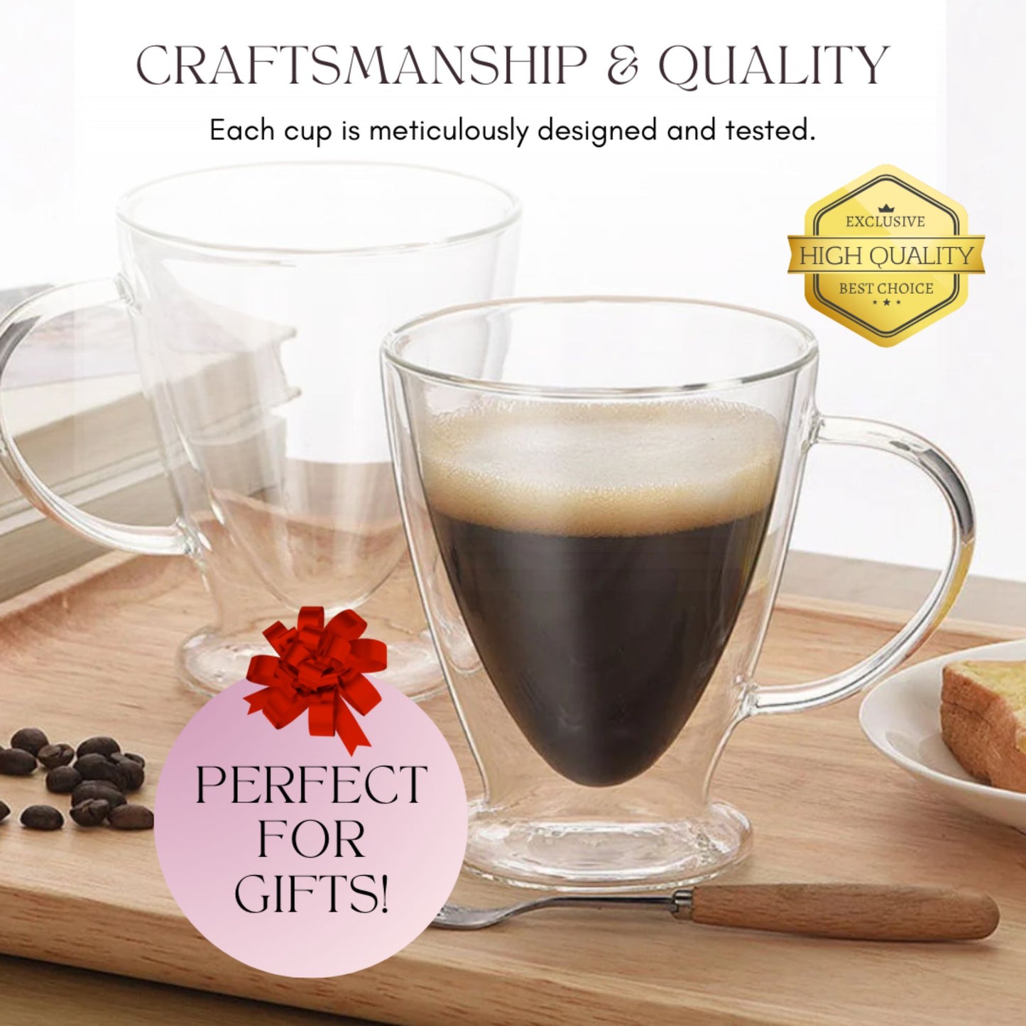 Clear glass coffee mugs with coffee on a wooden tray, accompanied by coffee beans and a small cake. A pink label with a red bow and text 'Perfect for Gifts!' is visible.