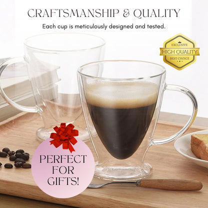 Clear glass coffee mugs with coffee on a wooden tray, accompanied by coffee beans and a small cake. A pink label with a red bow and text 'Perfect for Gifts!' is visible.