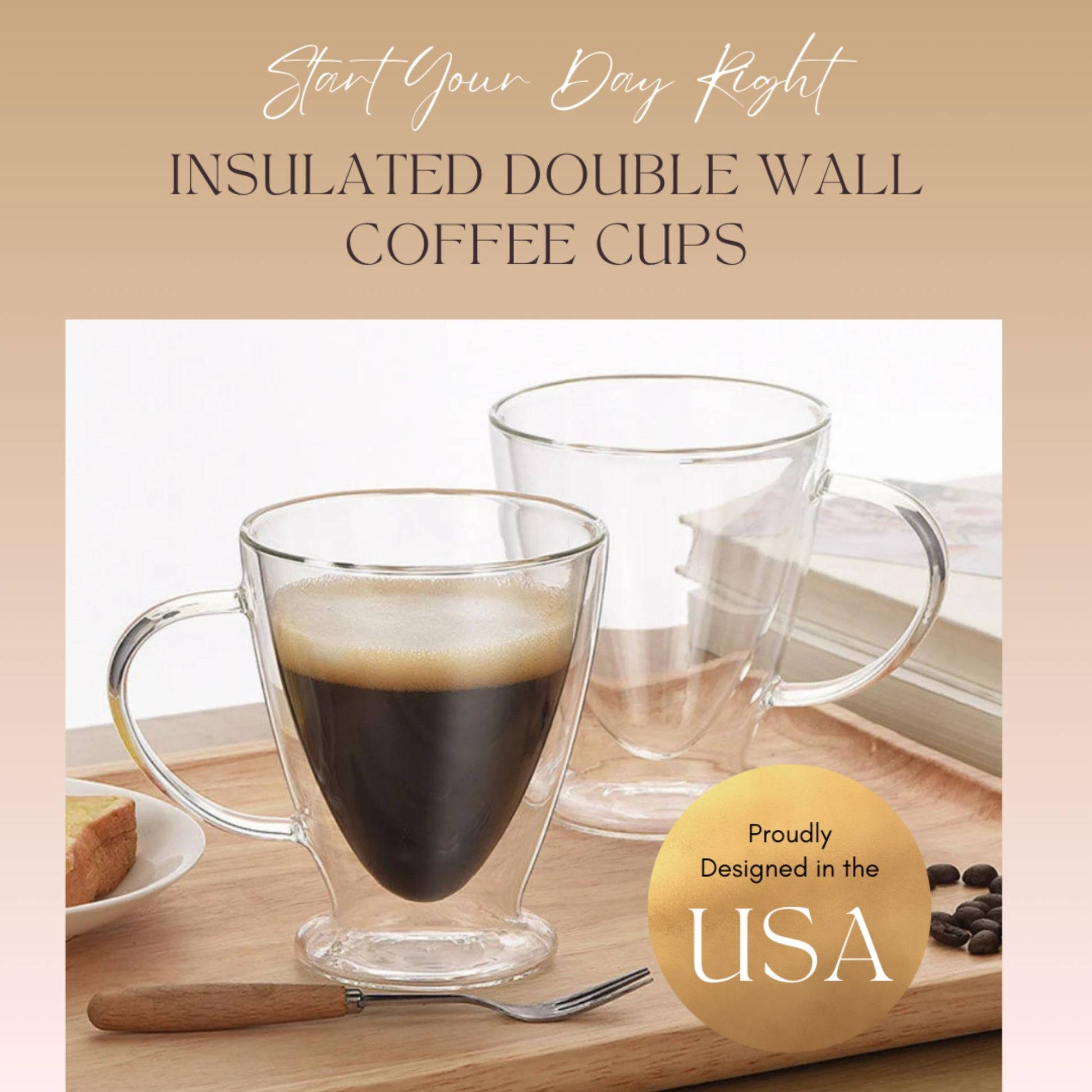 Insulated double wall coffee cups with a glass of coffee on a wooden tray.