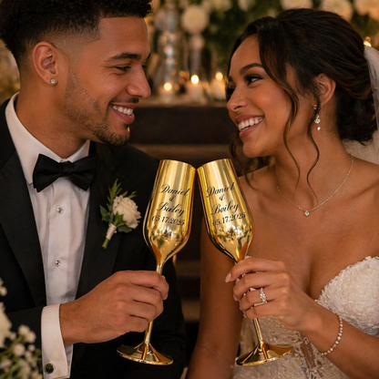 Couple in formal attire holding personalized champagne glasses at a wedding reception.