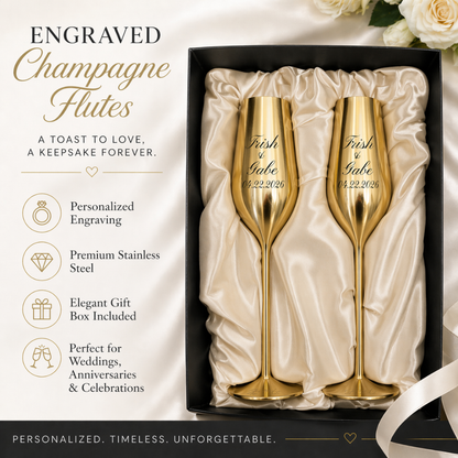 Two engraved gold champagne flutes in a gift box with text about personalized engraving and gift box inclusion.