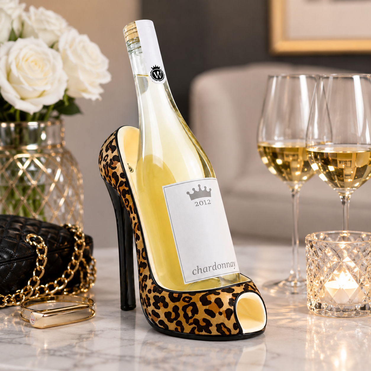 A novelty wine bottle shaped like a high-heeled peep-toe shoe filled with white wine, displayed on a marble table with white roses, wine glasses, and a black quilted purse in a softly lit indoor setting.