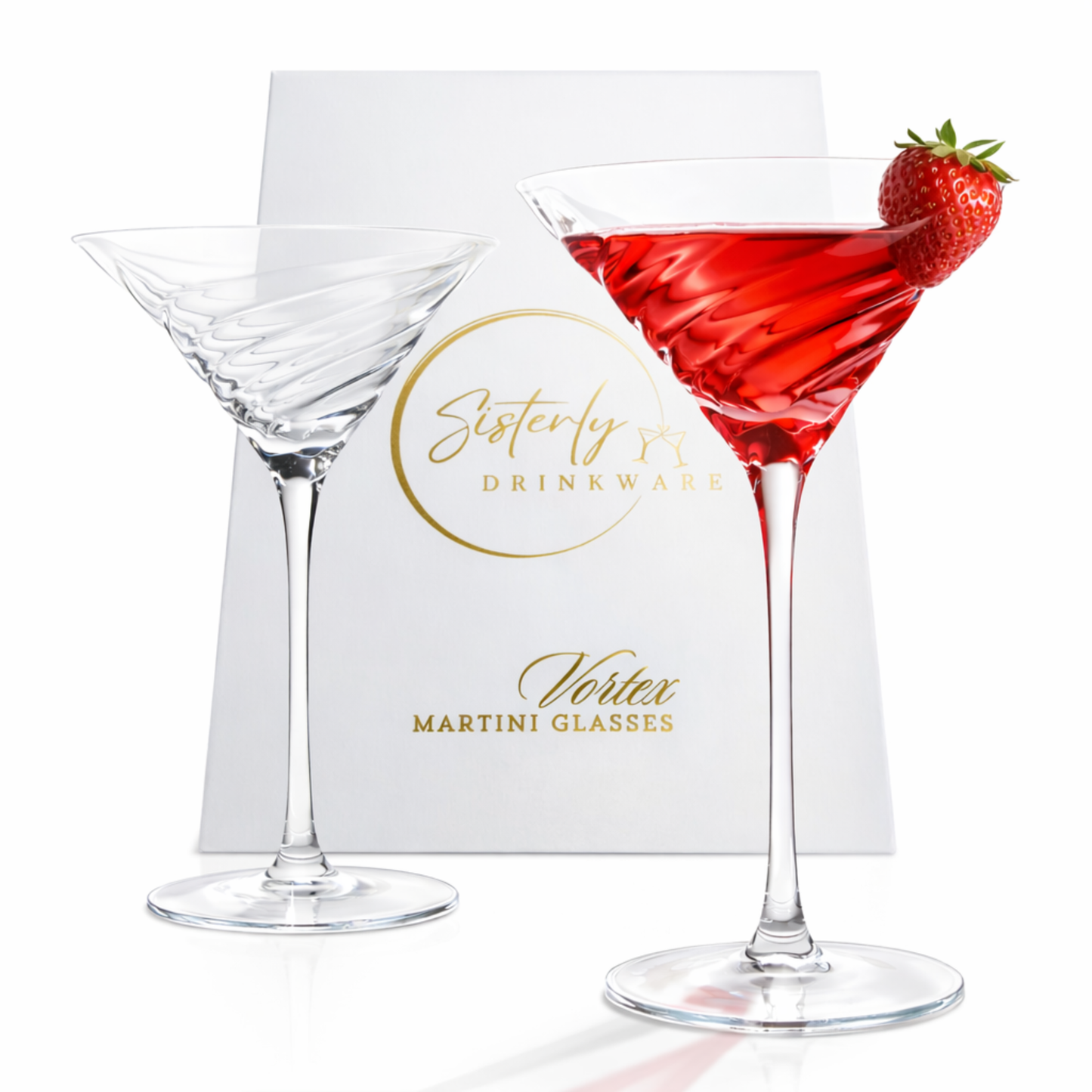 Two martini glasses with red liquid and a strawberry, branded 'Sisterly Drinkware', on a white background.
