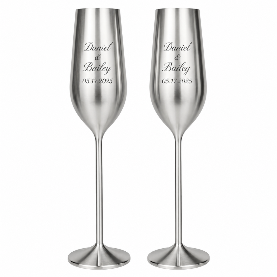 Set of 2 personalized silver champagne flutes with names on them