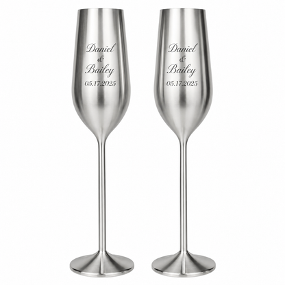 Set of 2 personalized silver champagne flutes with names on them