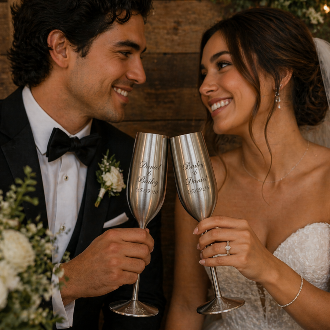 Couple in wedding attire holding champagne glasses with personalized inscriptions.